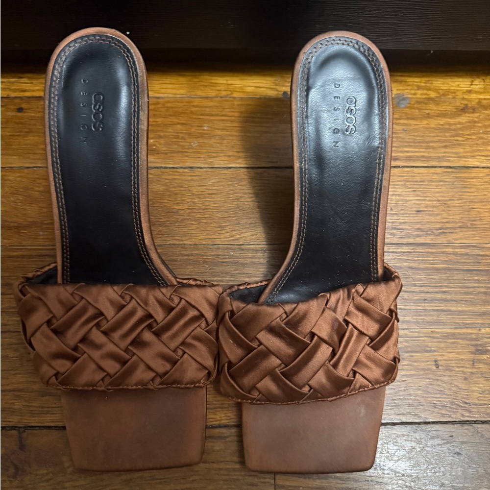 ASOS Brown Braided Satin Strap Square Toe Slide Mules